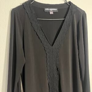 Karl Langerfeld Black Lace Bell Sleeve‎ Long Sleeve V-Neck Blouse - Size Medium